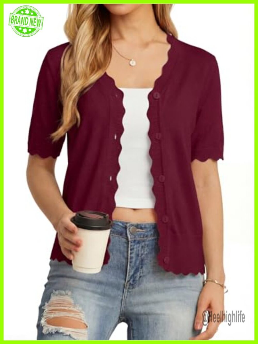 Womens Lightweight Short Sleeve Knit Cardigan Sweater Scalloped Button Down